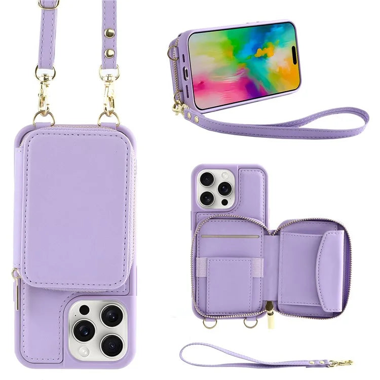 For iPhone 16 Pro Case RFID Blocking Zipper Wallet Leather Phone Cover with Straps