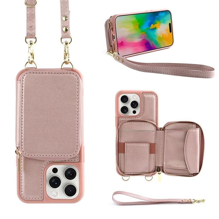 For iPhone 16 Pro Case RFID Blocking Zipper Wallet Leather Phone Cover with Straps