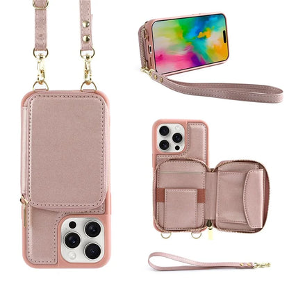 For iPhone 16 Pro Case RFID Blocking Zipper Wallet Leather Phone Cover with Straps