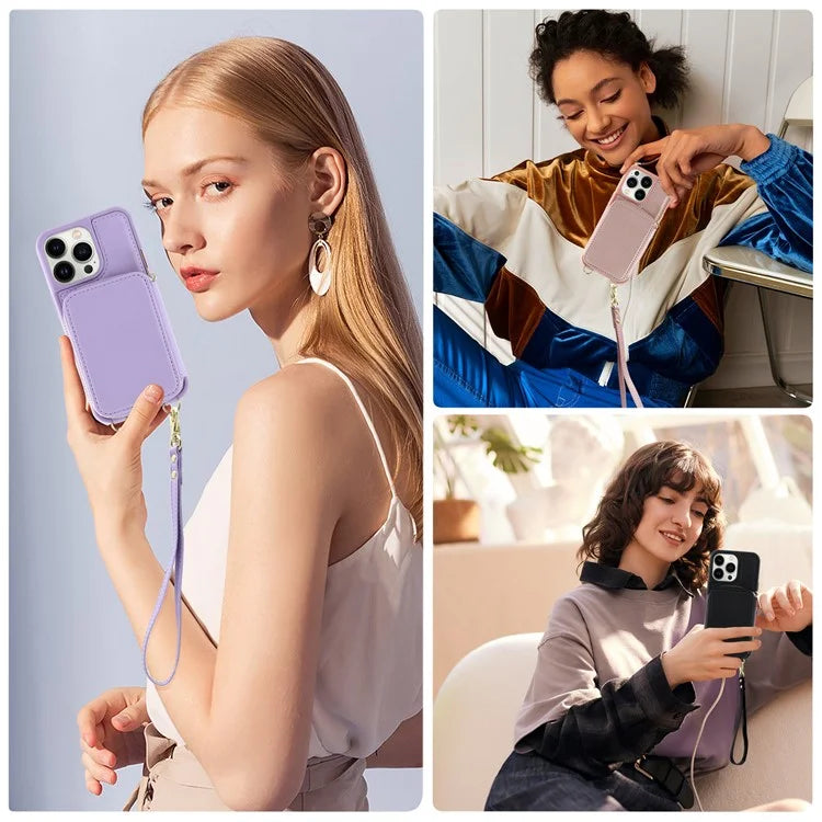 For iPhone 16 Pro Case RFID Blocking Zipper Wallet Leather Phone Cover with Straps