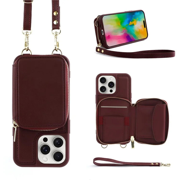 For iPhone 16 Pro Case RFID Blocking Zipper Wallet Leather Phone Cover with Straps