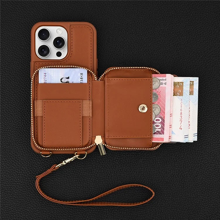 For iPhone 16 Pro Case RFID Blocking Zipper Wallet Leather Phone Cover with Straps