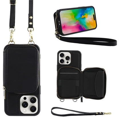 For iPhone 16 Pro Case RFID Blocking Zipper Wallet Leather Phone Cover with Straps