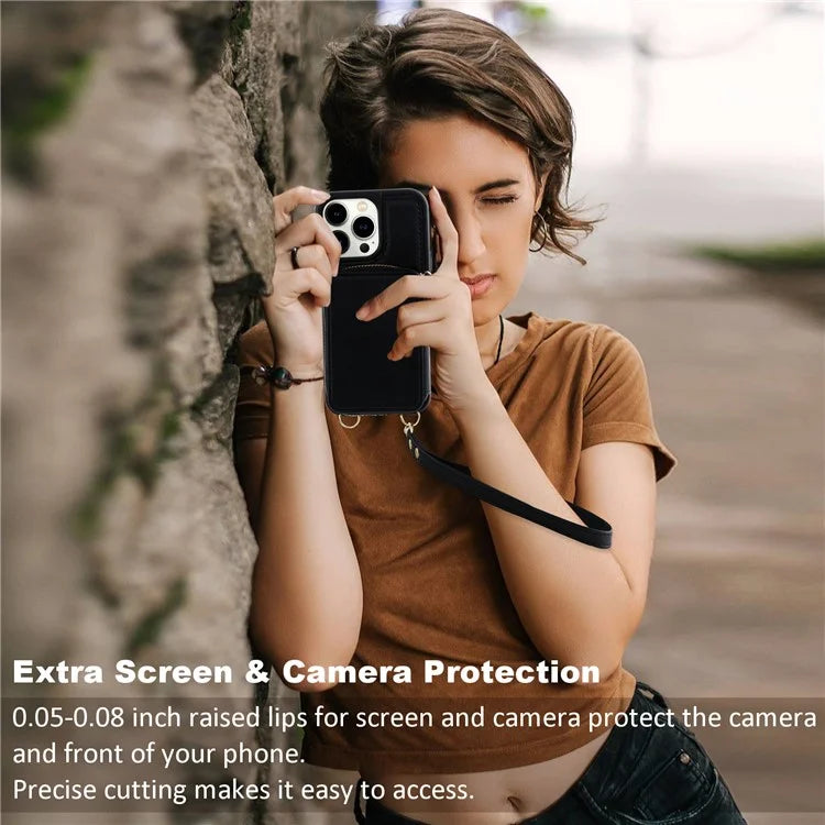 For iPhone 16 Pro Case RFID Blocking Zipper Wallet Leather Phone Cover with Straps