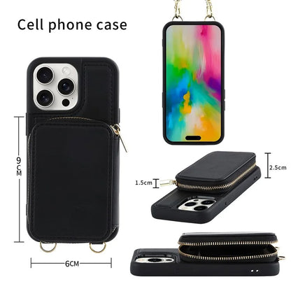 For iPhone 16 Pro Case RFID Blocking Zipper Wallet Leather Phone Cover with Straps
