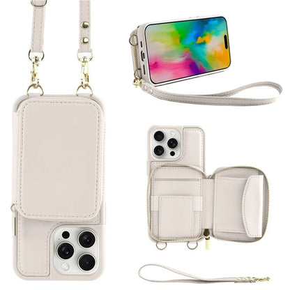 For iPhone 16 Pro Case RFID Blocking Zipper Wallet Leather Phone Cover with Straps