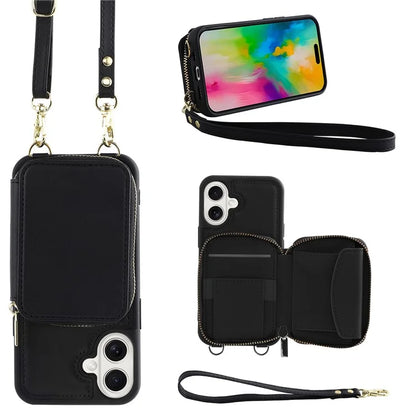 For iPhone 16 Plus Case RFID Blocking Zipper Wallet Leather Phone Cover with Straps