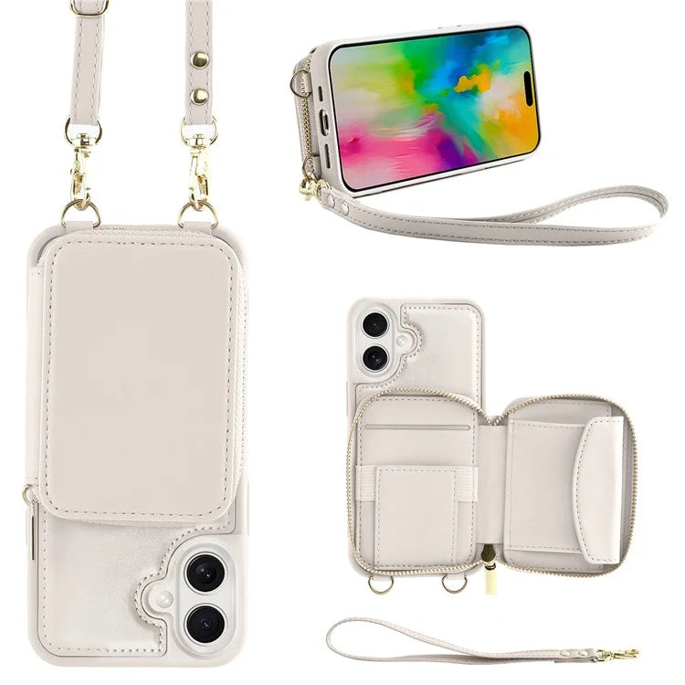 For iPhone 16 Plus Case RFID Blocking Zipper Wallet Leather Phone Cover with Straps