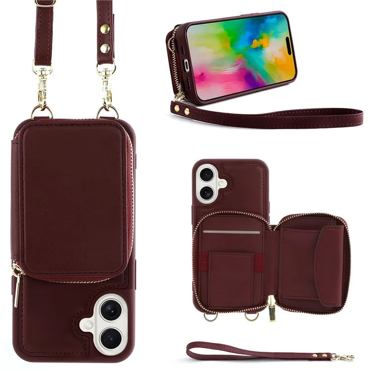 For iPhone 16 Plus Case RFID Blocking Zipper Wallet Leather Phone Cover with Straps