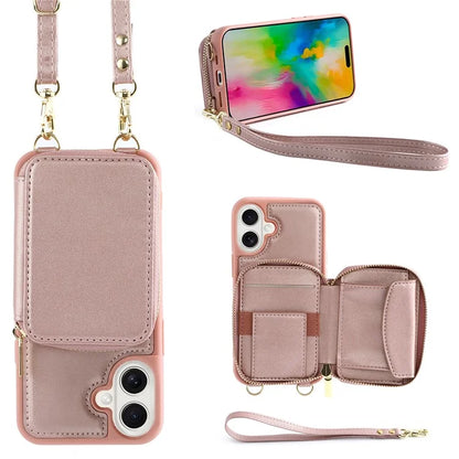 For iPhone 16 Plus Case RFID Blocking Zipper Wallet Leather Phone Cover with Straps