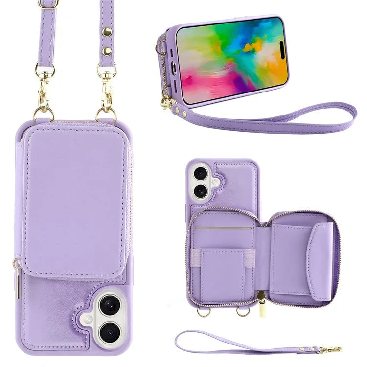 For iPhone 16 Plus Case RFID Blocking Zipper Wallet Leather Phone Cover with Straps
