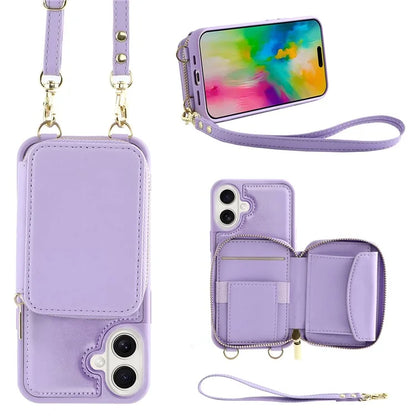 For iPhone 16 Plus Case RFID Blocking Zipper Wallet Leather Phone Cover with Straps