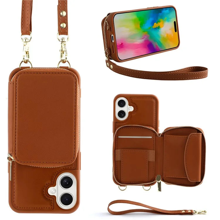 For iPhone 16 Plus Case RFID Blocking Zipper Wallet Leather Phone Cover with Straps