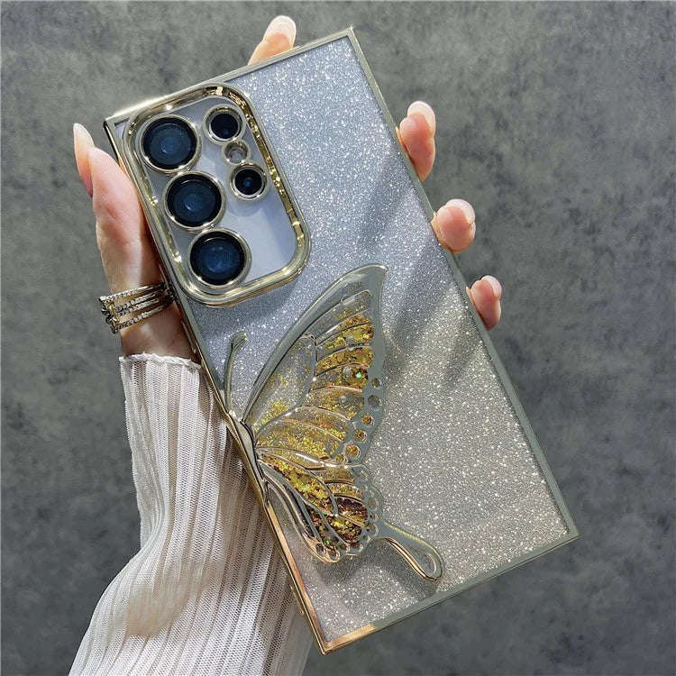 For Samsung Galaxy S24 Ultra Case Quicksand Butterfly TPU Phone Cover with Glass Lens Film