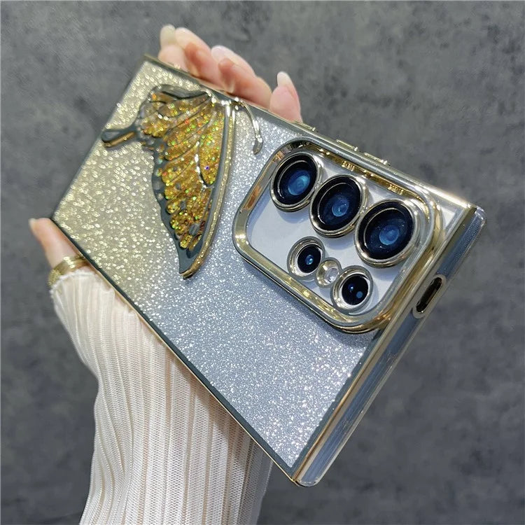 For Samsung Galaxy S24 Ultra Case Quicksand Butterfly TPU Phone Cover with Glass Lens Film