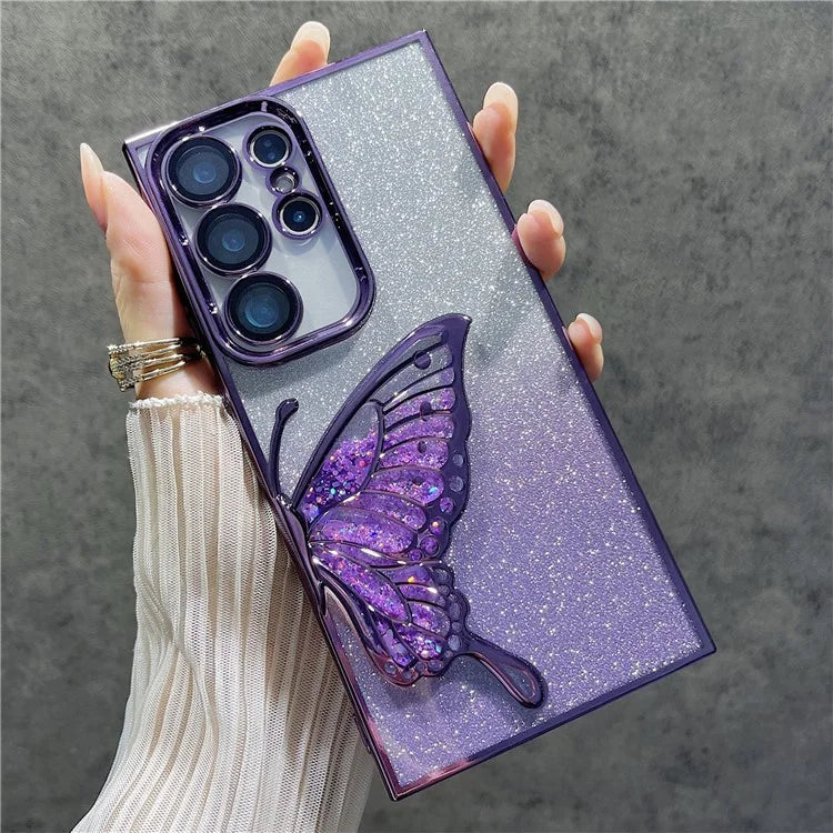 For Samsung Galaxy S24 Ultra Case Quicksand Butterfly TPU Phone Cover with Glass Lens Film