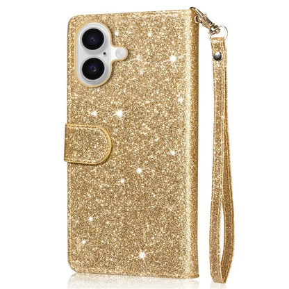 For iPhone 16 Stand Case Glitter Phone Leather Cover Zipper Pocket