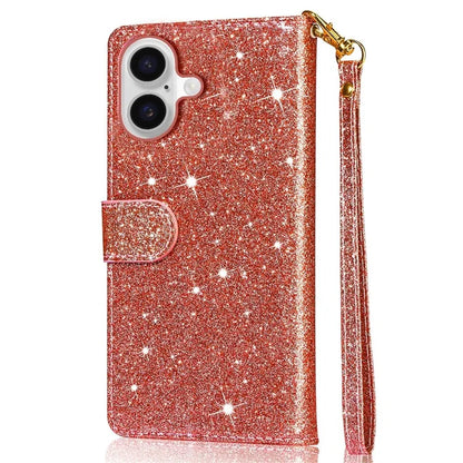 For iPhone 16 Stand Case Glitter Phone Leather Cover Zipper Pocket