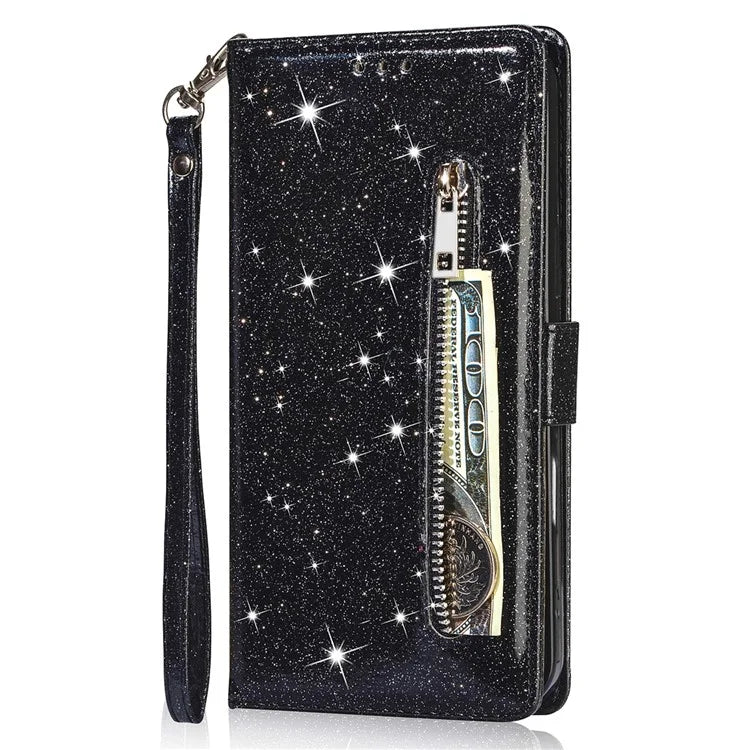 For iPhone 16 Stand Case Glitter Phone Leather Cover Zipper Pocket