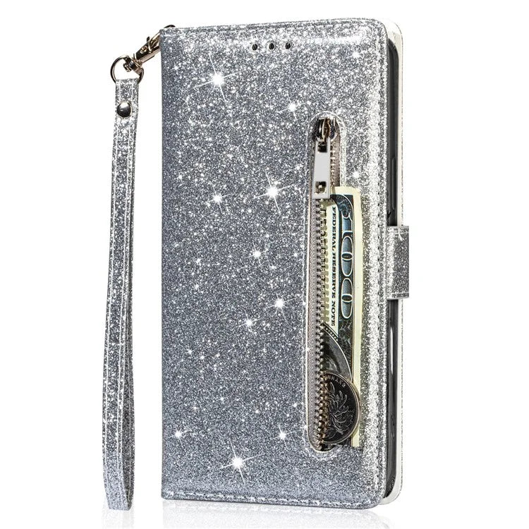 For iPhone 16 Stand Case Glitter Phone Leather Cover Zipper Pocket