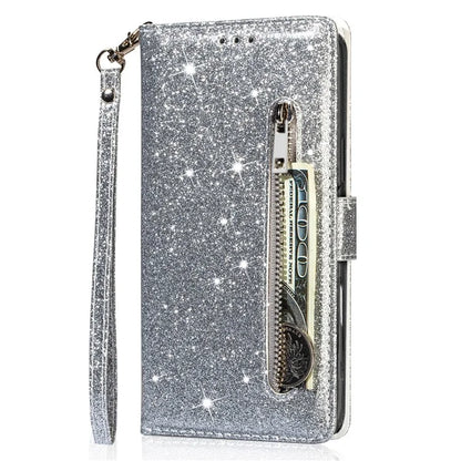 For iPhone 16 Stand Case Glitter Phone Leather Cover Zipper Pocket