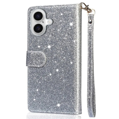 For iPhone 16 Stand Case Glitter Phone Leather Cover Zipper Pocket