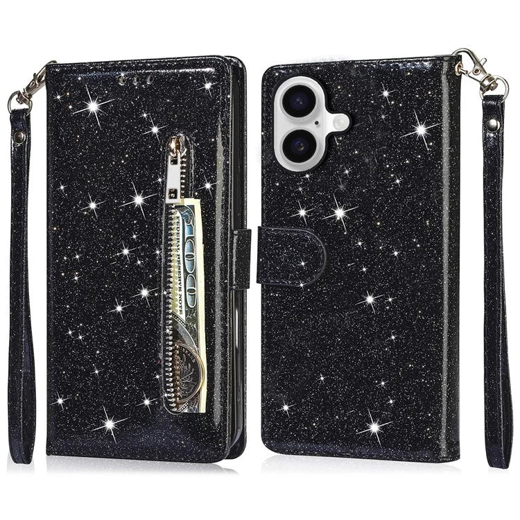 For iPhone 16 Plus Stand Case Glitter Phone Leather Cover Zipper Pocket