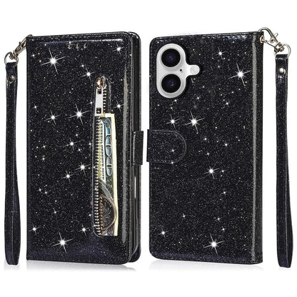 For iPhone 16 Plus Stand Case Glitter Phone Leather Cover Zipper Pocket
