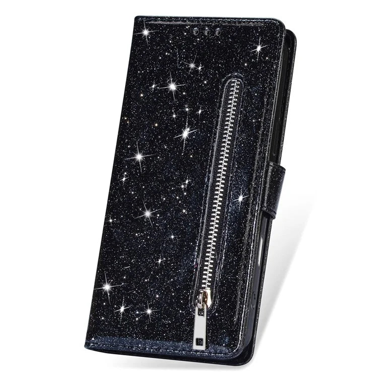 For iPhone 16 Plus Stand Case Glitter Phone Leather Cover Zipper Pocket