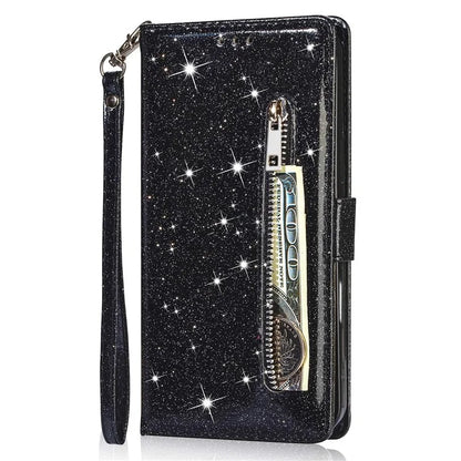 For iPhone 16 Plus Stand Case Glitter Phone Leather Cover Zipper Pocket