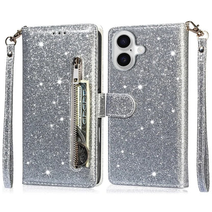 For iPhone 16 Plus Stand Case Glitter Phone Leather Cover Zipper Pocket