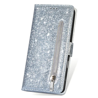 For iPhone 16 Plus Stand Case Glitter Phone Leather Cover Zipper Pocket