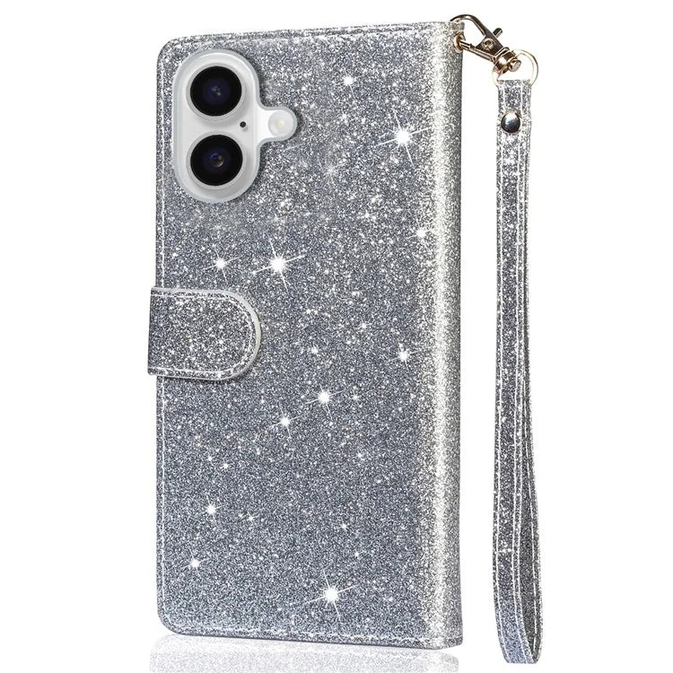 For iPhone 16 Plus Stand Case Glitter Phone Leather Cover Zipper Pocket