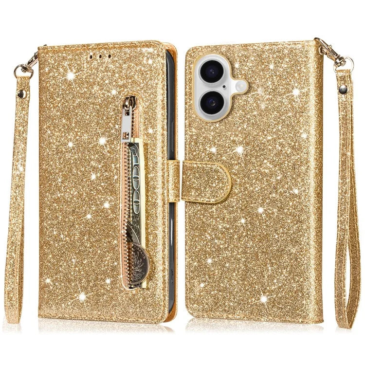 For iPhone 16 Plus Stand Case Glitter Phone Leather Cover Zipper Pocket