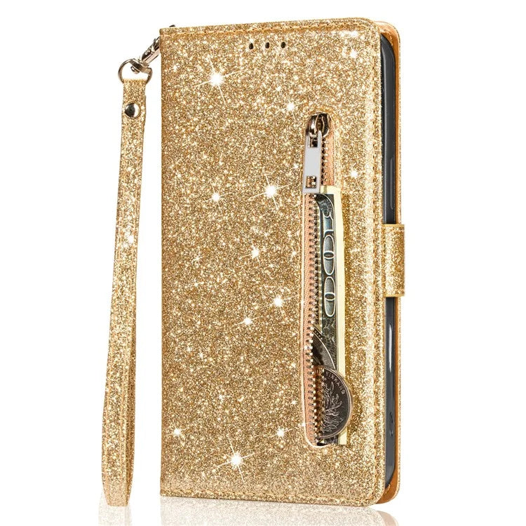 For iPhone 16 Plus Stand Case Glitter Phone Leather Cover Zipper Pocket