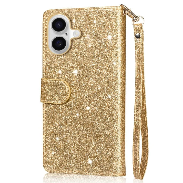 For iPhone 16 Plus Stand Case Glitter Phone Leather Cover Zipper Pocket