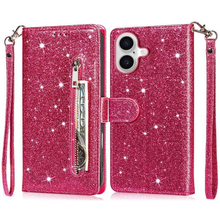 For iPhone 16 Plus Stand Case Glitter Phone Leather Cover Zipper Pocket