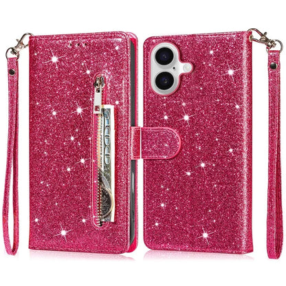 For iPhone 16 Plus Stand Case Glitter Phone Leather Cover Zipper Pocket