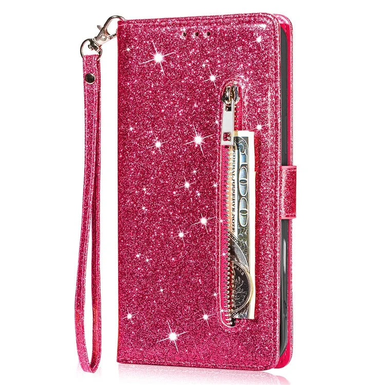 For iPhone 16 Plus Stand Case Glitter Phone Leather Cover Zipper Pocket