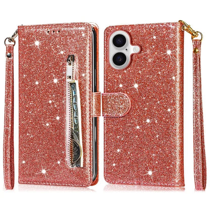 For iPhone 16 Plus Stand Case Glitter Phone Leather Cover Zipper Pocket