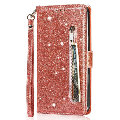 For iPhone 16 Plus Stand Case Glitter Phone Leather Cover Zipper Pocket