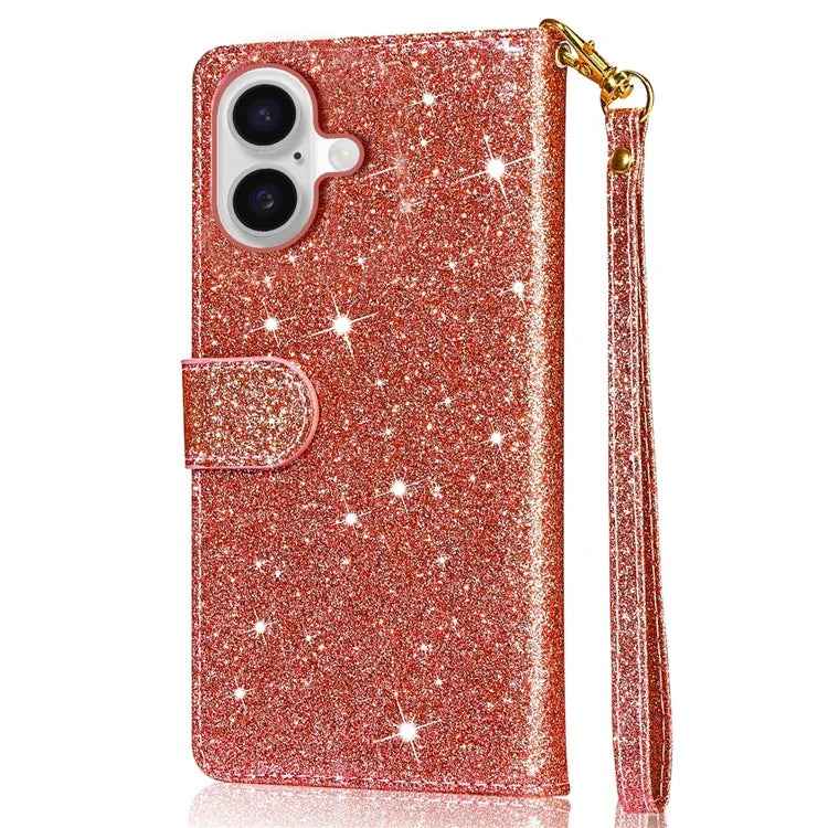 For iPhone 16 Plus Stand Case Glitter Phone Leather Cover Zipper Pocket