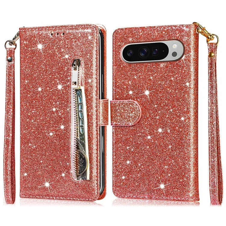 For Google Pixel 9 Pro  /  Pixel 9 Stand Case Glitter Phone Leather Cover Zipper Pocket