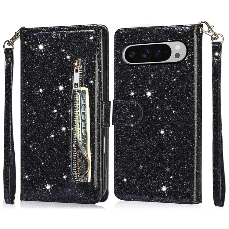 For Google Pixel 9 Pro  /  Pixel 9 Stand Case Glitter Phone Leather Cover Zipper Pocket