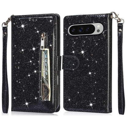 For Google Pixel 9 Pro  /  Pixel 9 Stand Case Glitter Phone Leather Cover Zipper Pocket