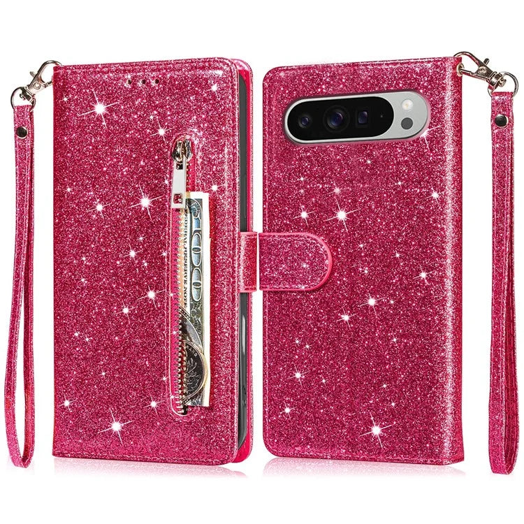 For Google Pixel 9 Pro  /  Pixel 9 Stand Case Glitter Phone Leather Cover Zipper Pocket