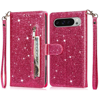 For Google Pixel 9 Pro  /  Pixel 9 Stand Case Glitter Phone Leather Cover Zipper Pocket