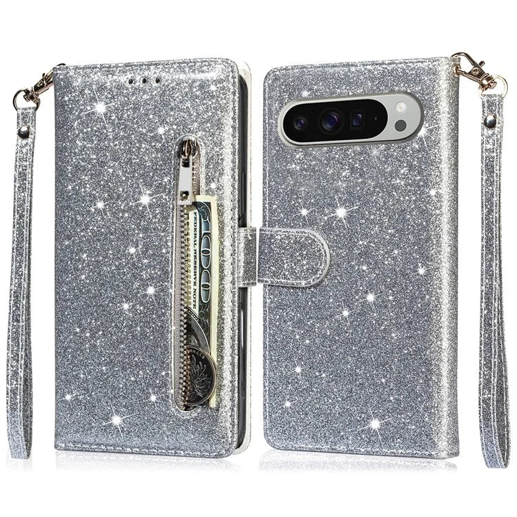For Google Pixel 9 Pro  /  Pixel 9 Stand Case Glitter Phone Leather Cover Zipper Pocket