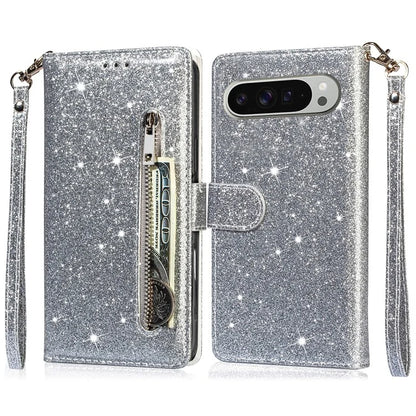 For Google Pixel 9 Pro  /  Pixel 9 Stand Case Glitter Phone Leather Cover Zipper Pocket