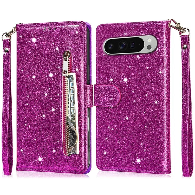 For Google Pixel 9 Pro  /  Pixel 9 Stand Case Glitter Phone Leather Cover Zipper Pocket